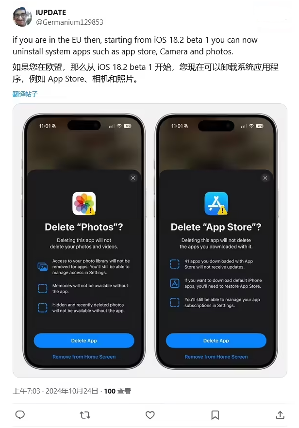 洛扎苹果手机维修分享iOS 18.2 支持删除 App Store 应用商店 